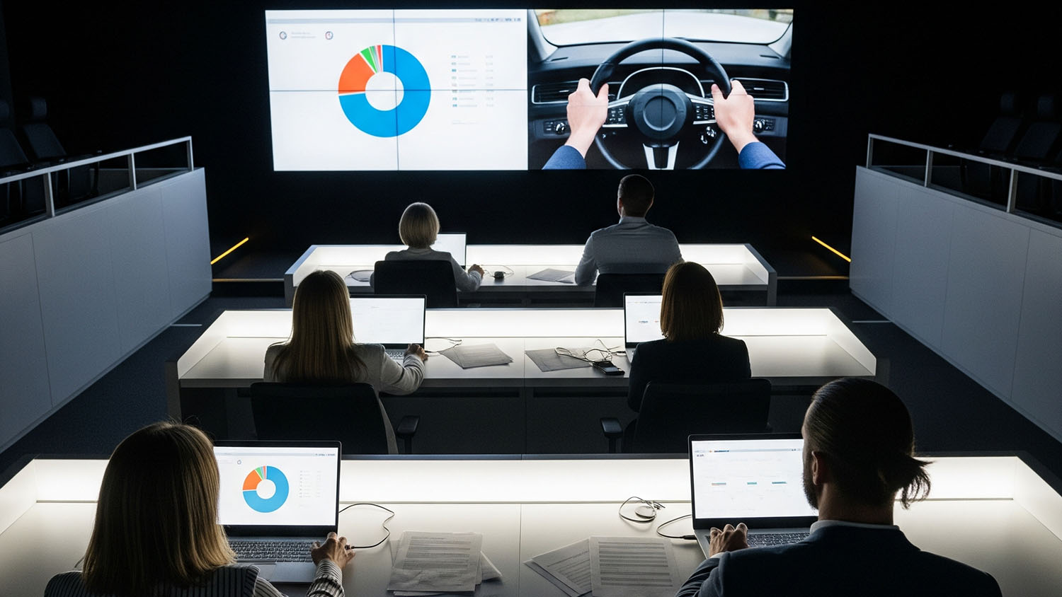 Panorama eines modernen Beobachtungsraums mit Team bei der Arbeit